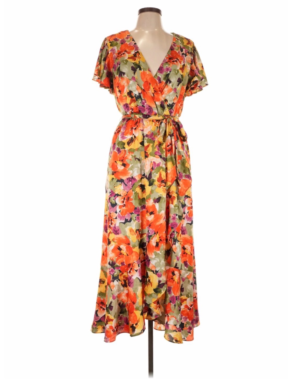 Nicole Miller Floral Wrap Maxi Dress in Orange, Green & Purple